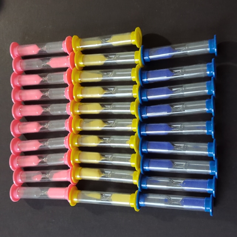 Hour glass sand timers acrylic blue pink yellow approx 3" tall 3 minute timers
